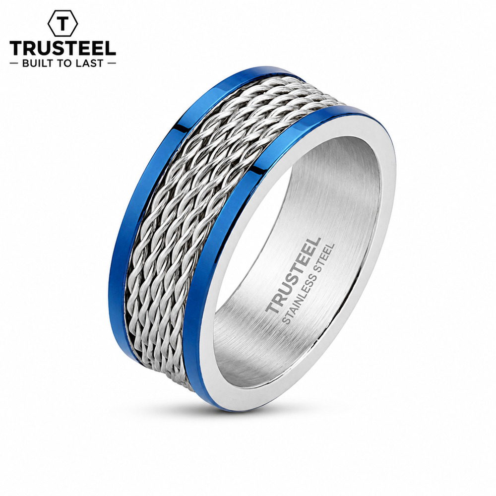 Men’s Multi Wire Inlay 316L Stainless Steel Band Ring Blue Band 8mm size 9